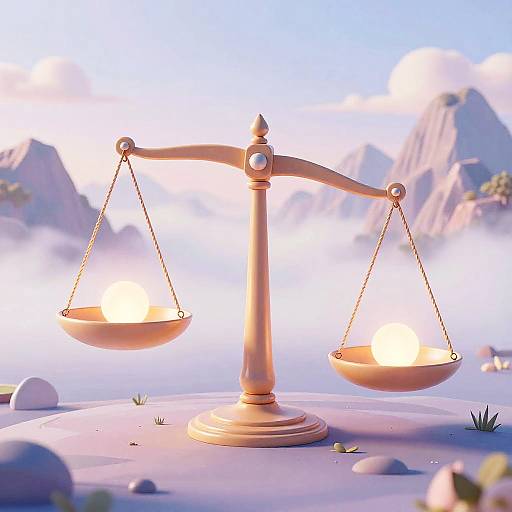 Digital illustration of a golden balance scale with glowing bowls, standing on a pink, rocky landscape with mountains and clouds.