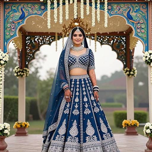 Photograph of a South Asian bride in a blue and white embroidered lehenga and choli, with a blue veil, standing in an ornate,