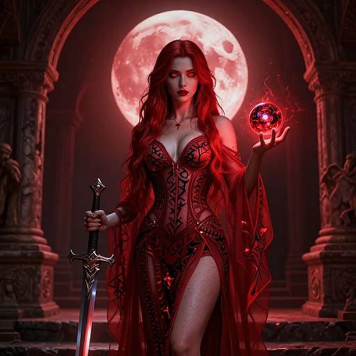 Digital fantasy artwork: Red-haired woman in black, lace corset, holding glowing red orb, standing before full moon, with sword in hand. Gothic