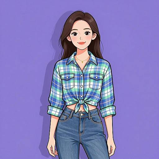 Smiling Woman in Casual Plaid Shirt