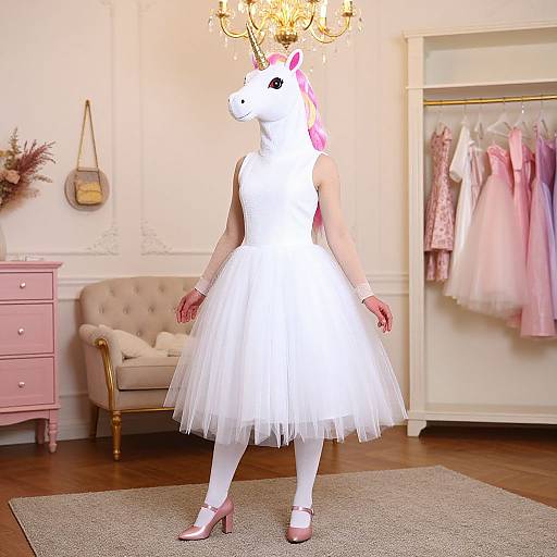 Photograph of a person in a white, glowing unicorn costume dress with pink accents, pink shoes, and white tights, standing in a stylish,