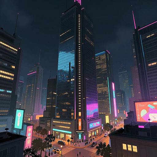 Neon-lit, futuristic cityscape at night with towering skyscrapers, vibrant blue, purple, and pink lights, busy street below, and