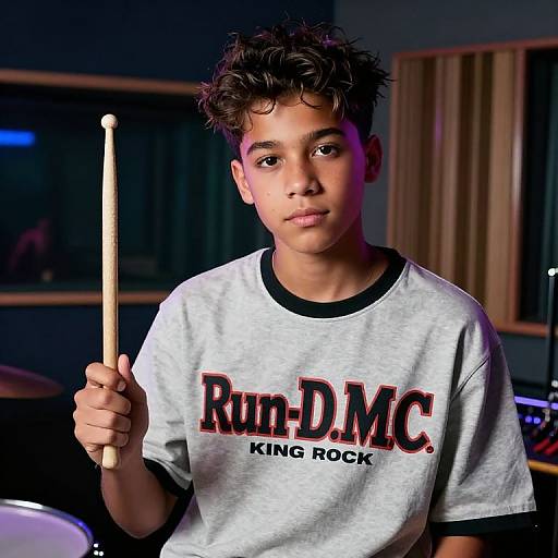 Photograph of a young boy with curly black hair holding a drumstick, wearing a grey 