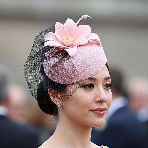 Photograph of an elegant Asian woman with fair skin, black hair in an updo, wearing a pink flowered fascinator and black netting,