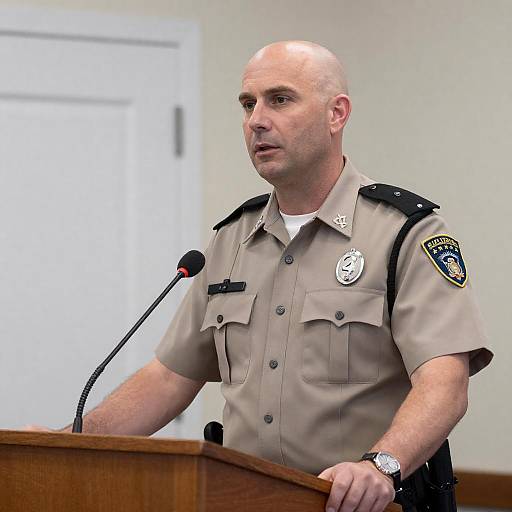 Bald Police Officer Speaking at Podium