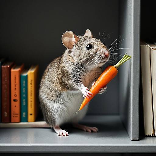 Mouse Holding Carrot on Bookshelf