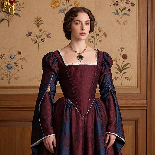 Photograph of a young woman with fair skin and brown curly hair, wearing a maroon Renaissance-style dress with blue sleeves, gold necklace, and green