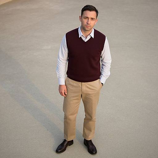 Photograph of a serious, light-skinned man with short dark hair, wearing a white shirt, black vest, beige pants, and black shoes,