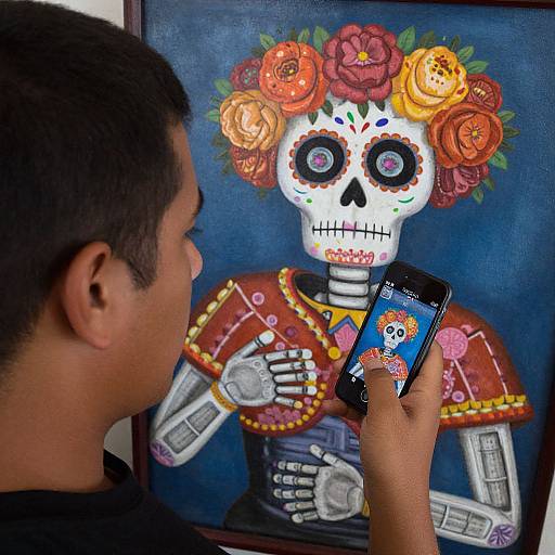 Photograph of a young man with short black hair, holding a smartphone displaying a colorful Day of the Dead skull, standing in front of a painted,