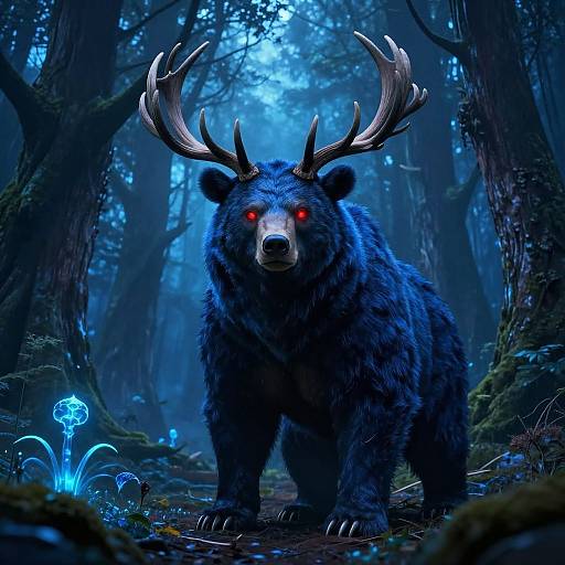 Digital artwork of a fierce, blue-furred bear with glowing red eyes and large antlers standing in a mystical, blue-lit forest.