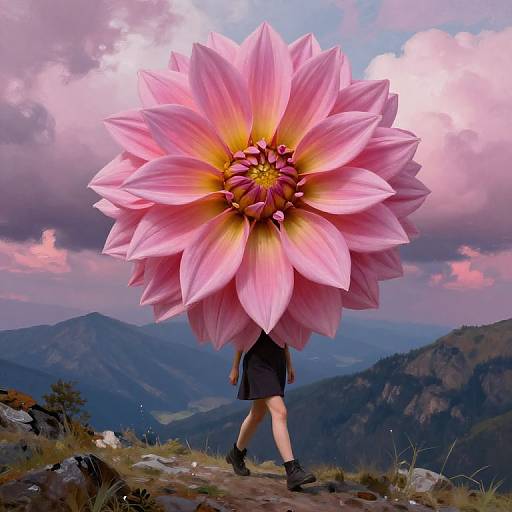 Digital art of a person with a massive pink dahlia flower head, wearing a black skirt, walking on a mountain path. Pink clouds and blue