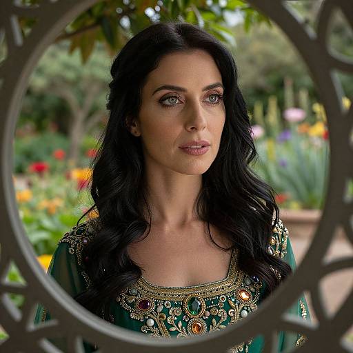 Photograph of a woman with long black hair, green embroidered outfit, and intricate jewelry, framed by a circular garden window.