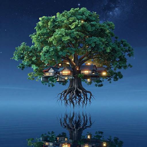 Digital art of a glowing, treehouse-filled tree with roots submerged in a reflective, starry night lake. Warm lights illuminate the houses amidst lush green