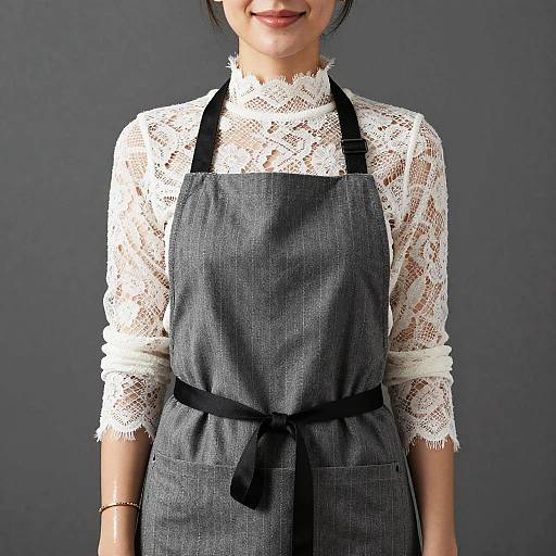 Photograph of a woman with light skin, wearing a white lace blouse and gray apron with black straps, smiling, against a dark gray background.