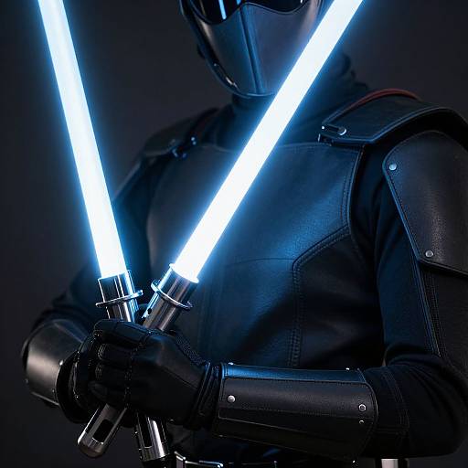 Photograph of a black armored figure with a glowing blue lightsaber, holding it diagonally in a dark, shadowy environment.