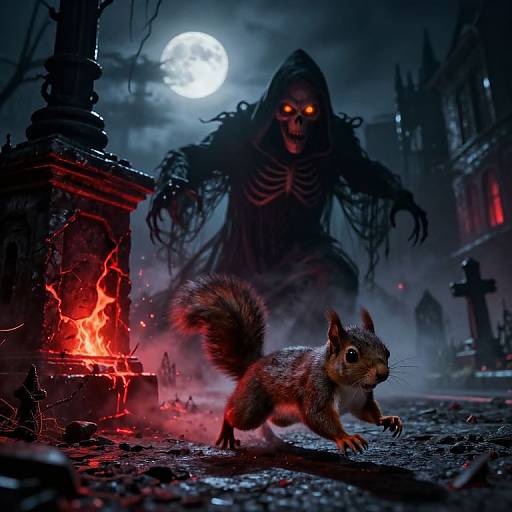 Digital artwork of a frightened squirrel running from a menacing, skeletal ghost with glowing eyes under a full moon, beside a fiery, red-tinged stone