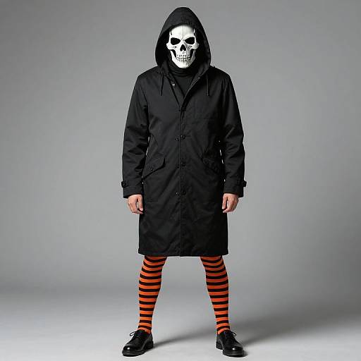 Photograph of a person wearing a black hooded coat, skull mask, and red-and-black striped leggings, standing against a gray background.