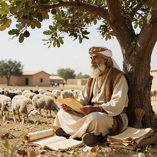 Photograph of an elderly Middle Eastern man with a white beard, wearing a traditional white robe and turban, reading under a tree, surrounded by sheep