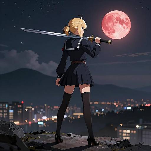 Blonde Anime Warrior on Cliff at Night