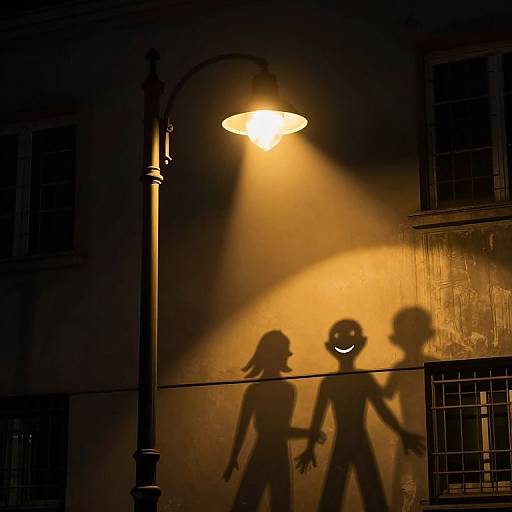 Photograph of shadowy silhouettes of two people walking under a glowing streetlamp, casting dramatic, warm light on a dark urban wall.