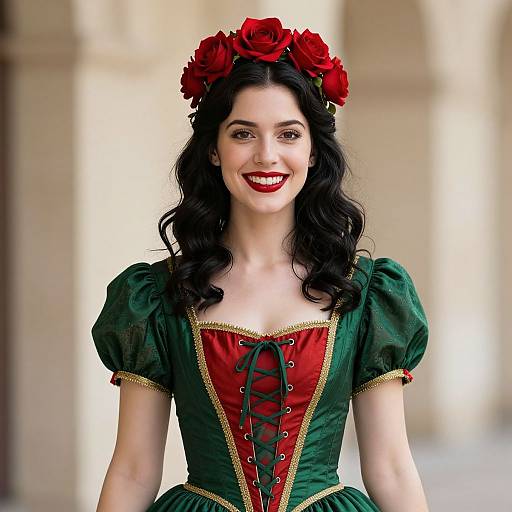 Photograph of a fair-skinned woman with dark wavy hair, red rose headband, green and red corset dress, smiling brightly.
