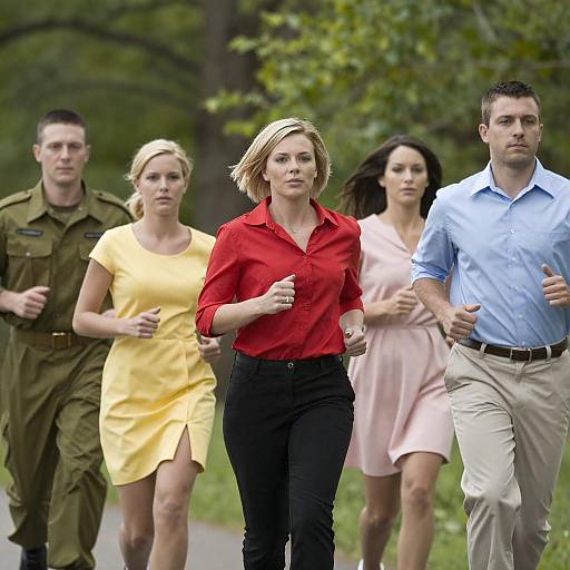 Five Determined Runners in Lush Forest