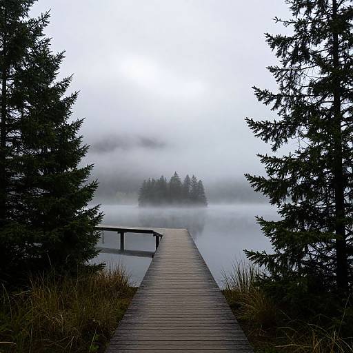 Photograph of a misty wooden dock leading to a fog-covered lake surrounded by dark, silhouetted pine trees, creating a serene, eth