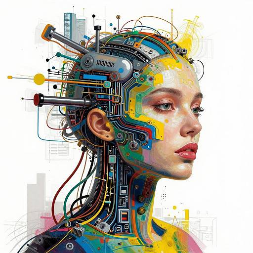 Digital artwork of a woman with a cybernetic head, featuring colorful wires, circuits, and mechanical components, set against a white background.