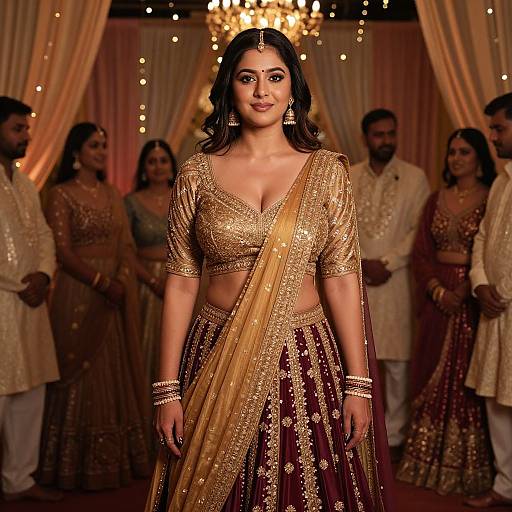 Photograph of a beautiful Indian bride in a gold and maroon traditional lehenga with intricate embroidery, standing confidently in a dimly lit, elegant room