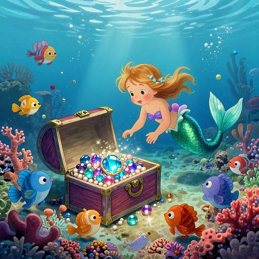 Colorful underwater scene: Mermaid with green tail and purple top explores open treasure chest filled with glowing jewels, surrounded by cheerful fish.