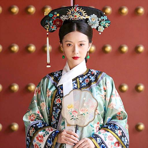 Elegant Asian Woman in Floral Silk Robe