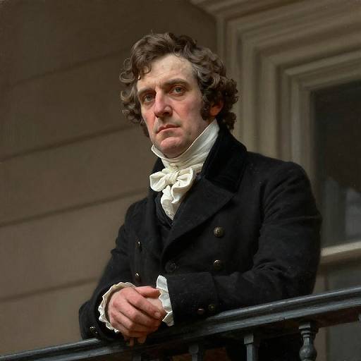 Photograph of a young white man with curly brown hair, wearing a black double-breasted coat, white shirt, and large bow tie, standing on