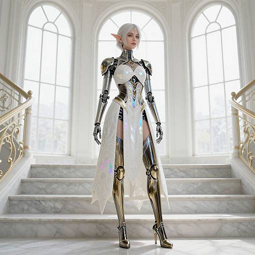Digital CGI of an elf-like female android with silver hair, white and gold armor, long white gown, standing in a grand, sunlit marble staircase