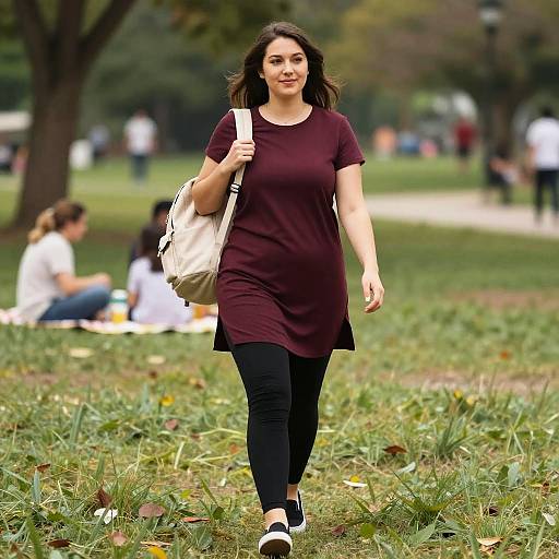 Woman Walking in Park with Backpack