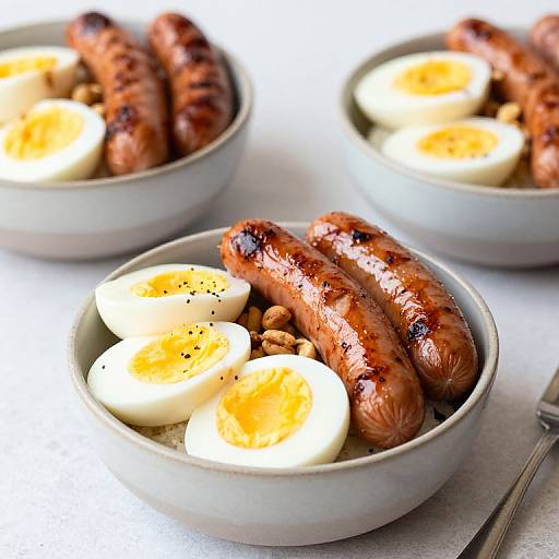 Photograph of three white bowls with grilled sausages, sunny-side-up eggs, and chopped nuts, set on a white tablecloth.
