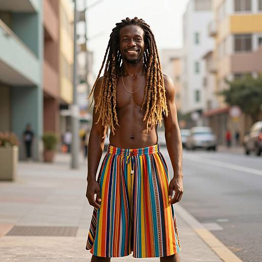 Photograph of a smiling, shirtless Black man with long dreadlocks, wearing colorful, striped pants, standing on a city street. Blurred urban