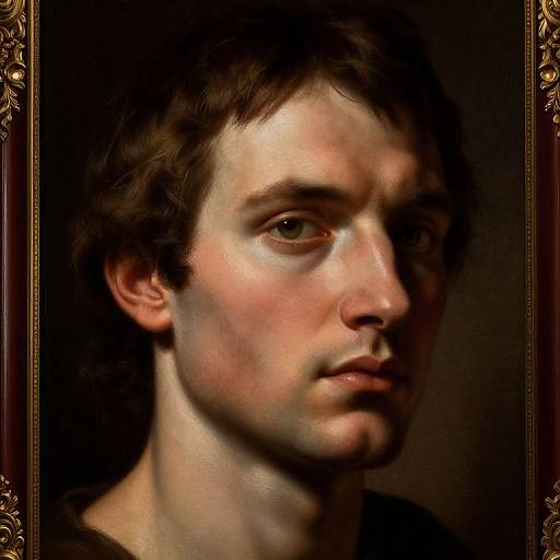 Realistic digital portrait of a young Caucasian man with short brown hair, fair skin, and serious expression, framed by ornate gold trim.