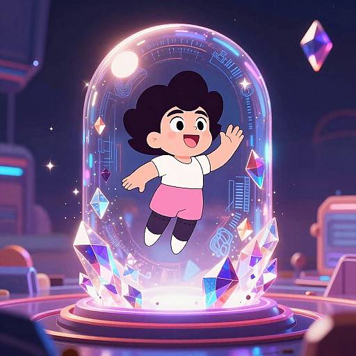 Cartoon girl with black hair, white shirt, pink pants, and white shoes, joyfully floating inside a glowing crystal dome surrounded by floating crystals and