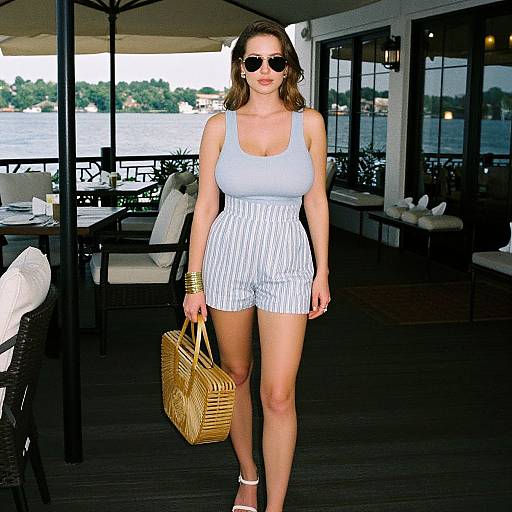 Photograph of a brunette woman with sunglasses, wearing a white tank top and striped high-waisted shorts, holding a wicker bag, standing outdoors