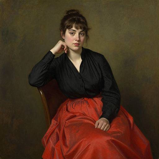 Portrait of a young woman with fair skin, dark hair, wearing a black blouse and red skirt, seated against a dark background. Classical-style painting.