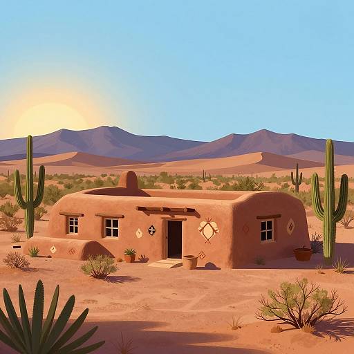 Digital artwork of a desert adobe hut with curved roof, diamond-shaped windows, and door, surrounded by cacti and set against mountains under a