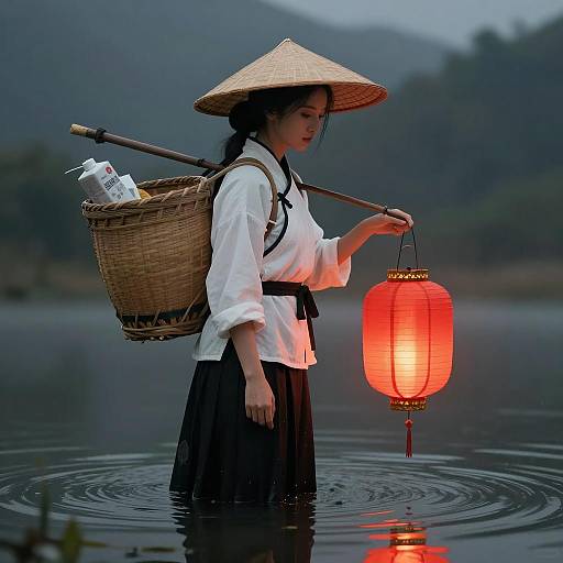 Asian Woman in Traditional Clothing Holding Red Lantern