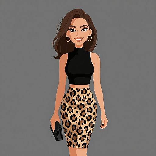 Digital illustration of a smiling woman with long brown hair, wearing a black sleeveless top and leopard-print skirt, holding a black clutch, against a gray