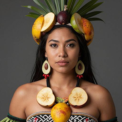 Photograph of a woman with dark skin, long black hair, wearing a colorful fruit headdress, large circular earrings, and a beaded necklace with