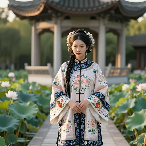 Photograph of an East Asian woman with black hair in a floral headpiece, wearing a traditional embroidered white and blue hanbok, standing in a