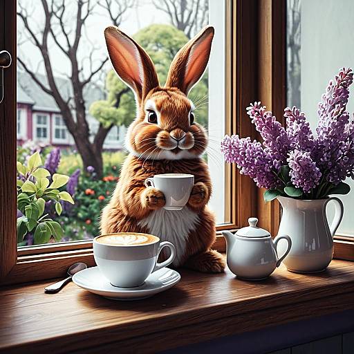 Cartoon Rabbit Enjoying Cappuccino by Window