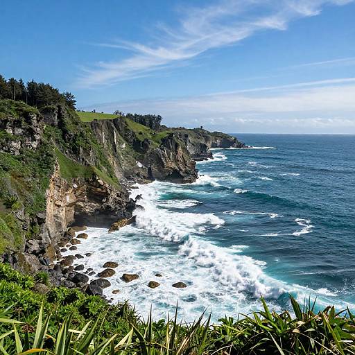Photograph of rugged coastline with steep cliffs, green vegetation, and crashing white waves against a deep blue ocean under a bright blue sky.