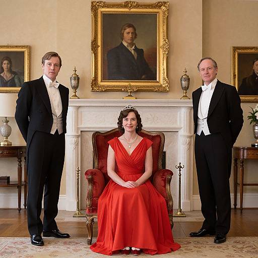 Photograph of a woman in a red gown seated between two men in black tuxedos, in an elegant living room with a portrait on the