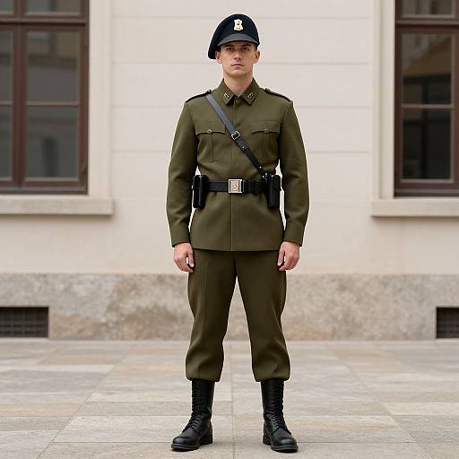 Photograph of a young male soldier in an olive-green uniform with black belt, black boots, and black beret, standing in front of a beige