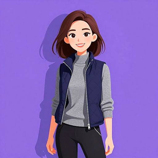 Digital anime-style drawing of a smiling woman with brown hair, wearing a gray turtleneck, black vest, and black pants, against a solid purple